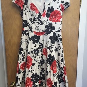 Classic Red Rose Print Fit-and-Flare Dress - White/Black/Red